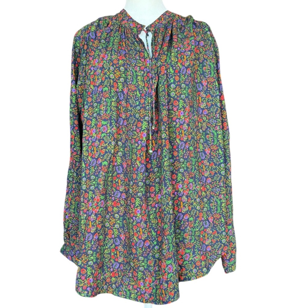 Xirena Ameli Floral‎ Printed Tie Collar Pull-Over Long Sleeve Peasant Top Size M